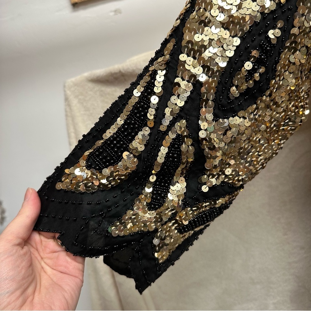 Vintage 1980s silk beaded sequins shirt fire design women’s small black gold - Picture 6 of 10